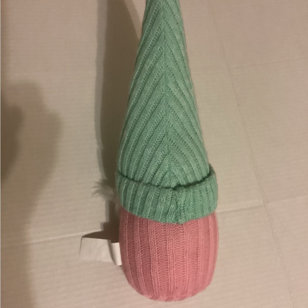Plush Mint Green and Pink Knit Gnome Decor with 2 flowers like new - Picture 4 of 4
